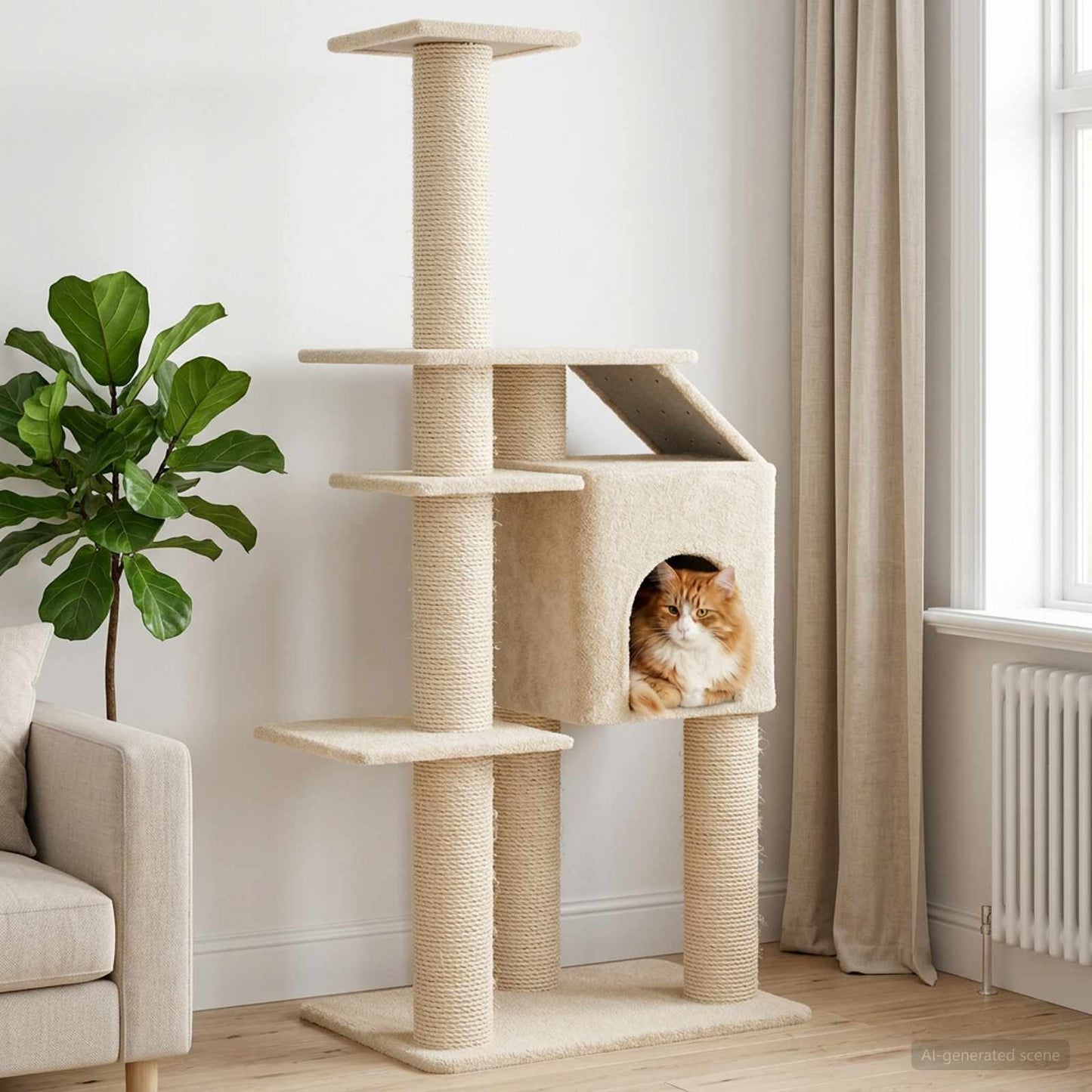 Arbre à chat 183 cm en sisal crème avec chat roux dans sa niche, salon lumineux