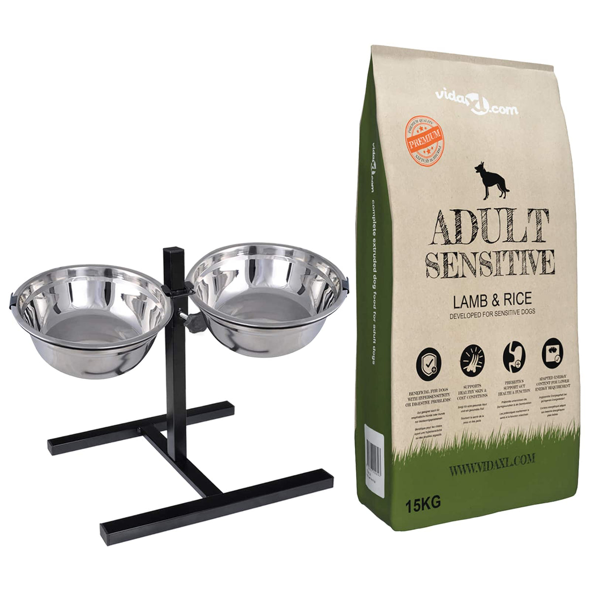 Ensemble vidaXL : support noir, deux gamelles inox et croquettes 15 kg