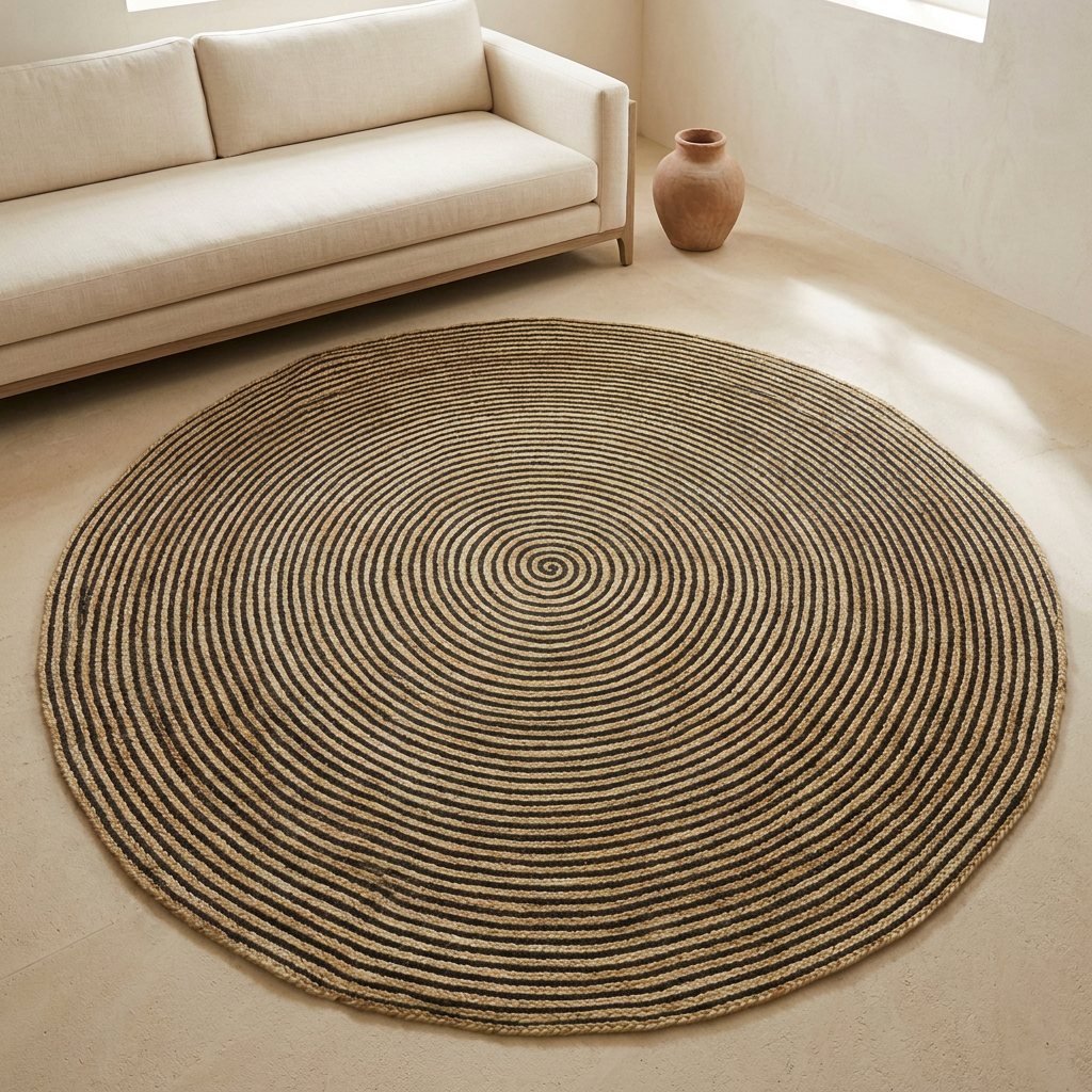 Mise en scène du tapis rond en jute naturel et noir de 180 cm dans un salon méditerranéen.