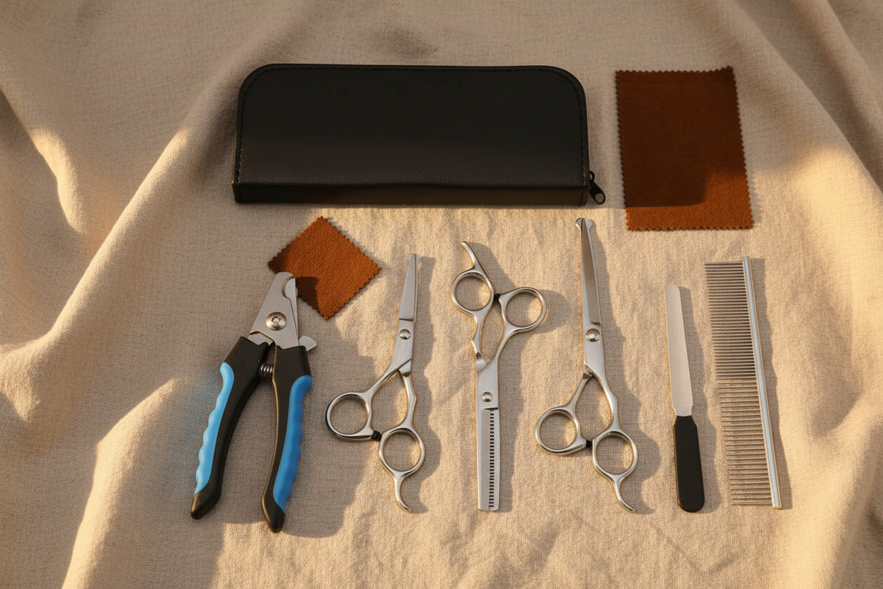 Kit de toilettage pour chien posé sur lin naturel ambiance méditerranéenne