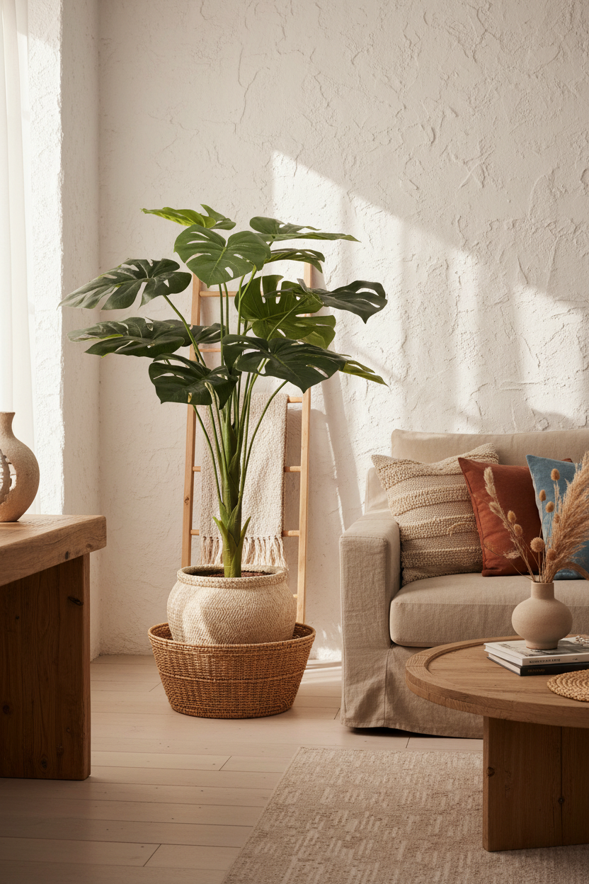 Monstera artificielle 70 cm — ambiance lifestyle salon bohème ARCANCE
