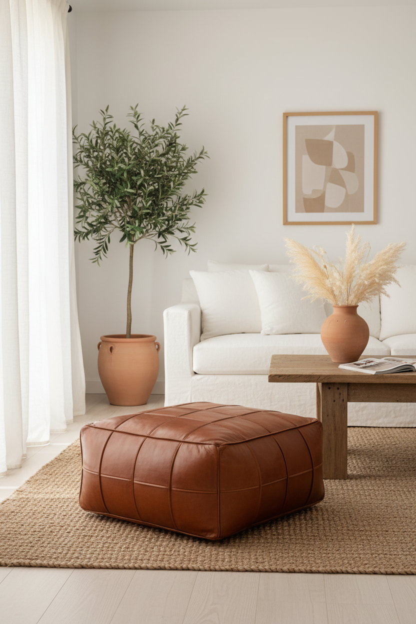 Pouf carré cuir fauve — ambiance salon méditerranéen vase artisanal tapis jute ARCANCE