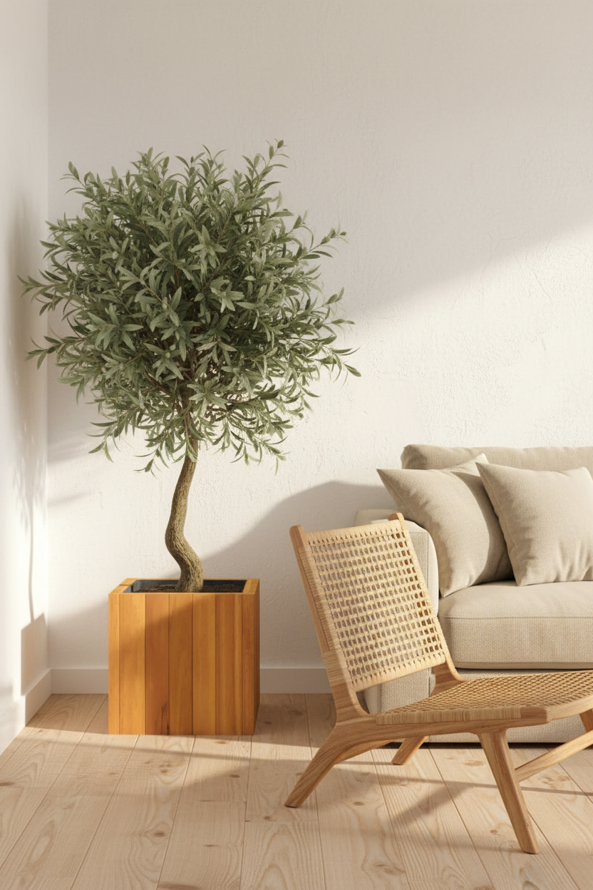 Pot bois acacia massif 25x25 cm — ambiance lifestyle olivier artificiel fauteuil rotin ARCANCE