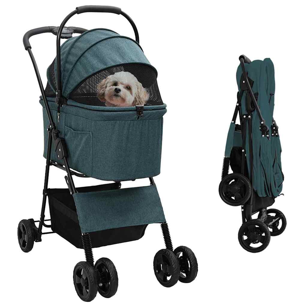 Poussette verte pour animaux présentée ouverte et pliée