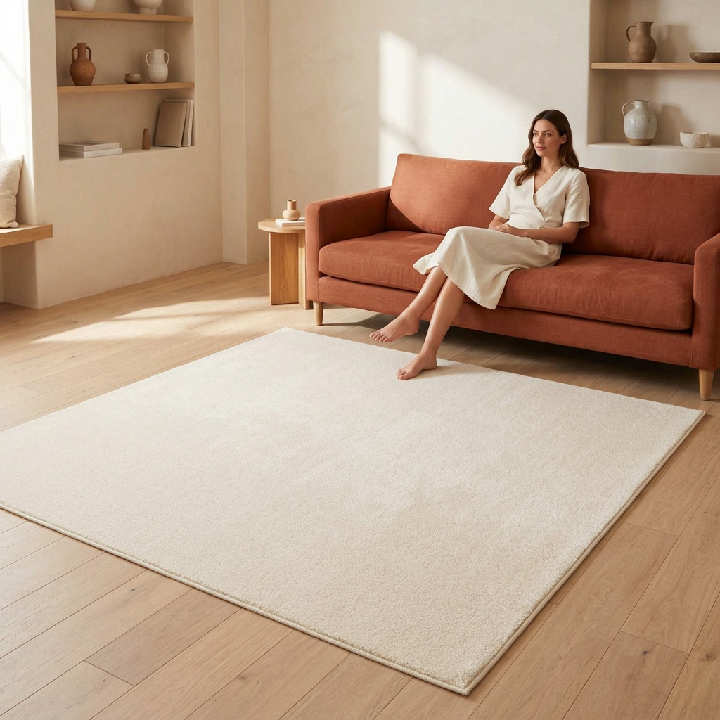Tapis SIROLO crème dans un salon avec une jeune femme adulte assise