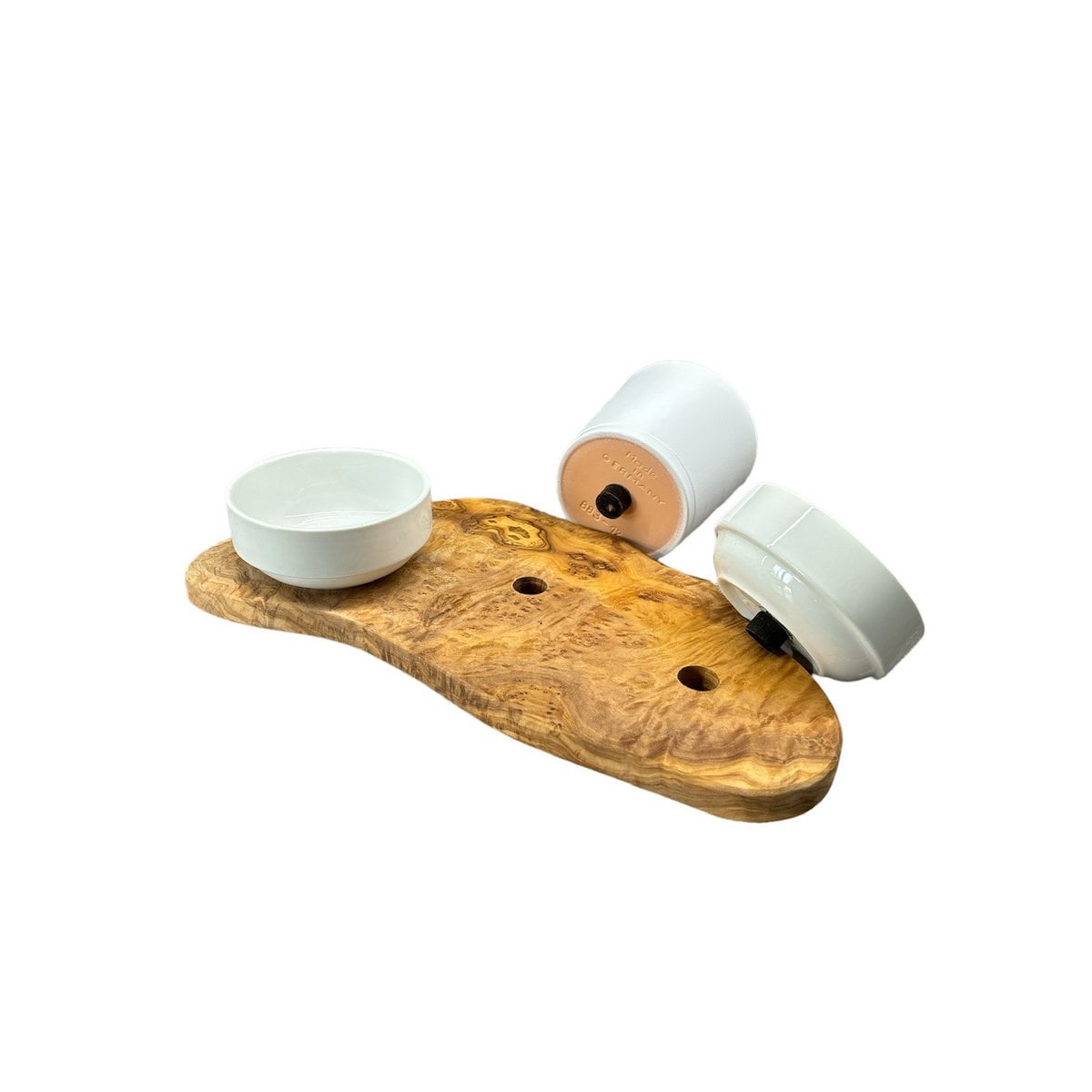 Station d’alimentation RUSTY pour chat – Bois d’olivier & porcelaine