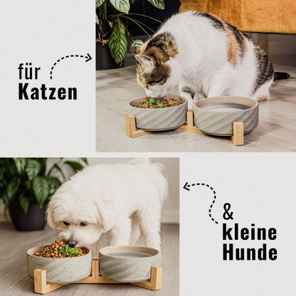 Duo de gamelles en céramique & bambou – Chat & petit chien