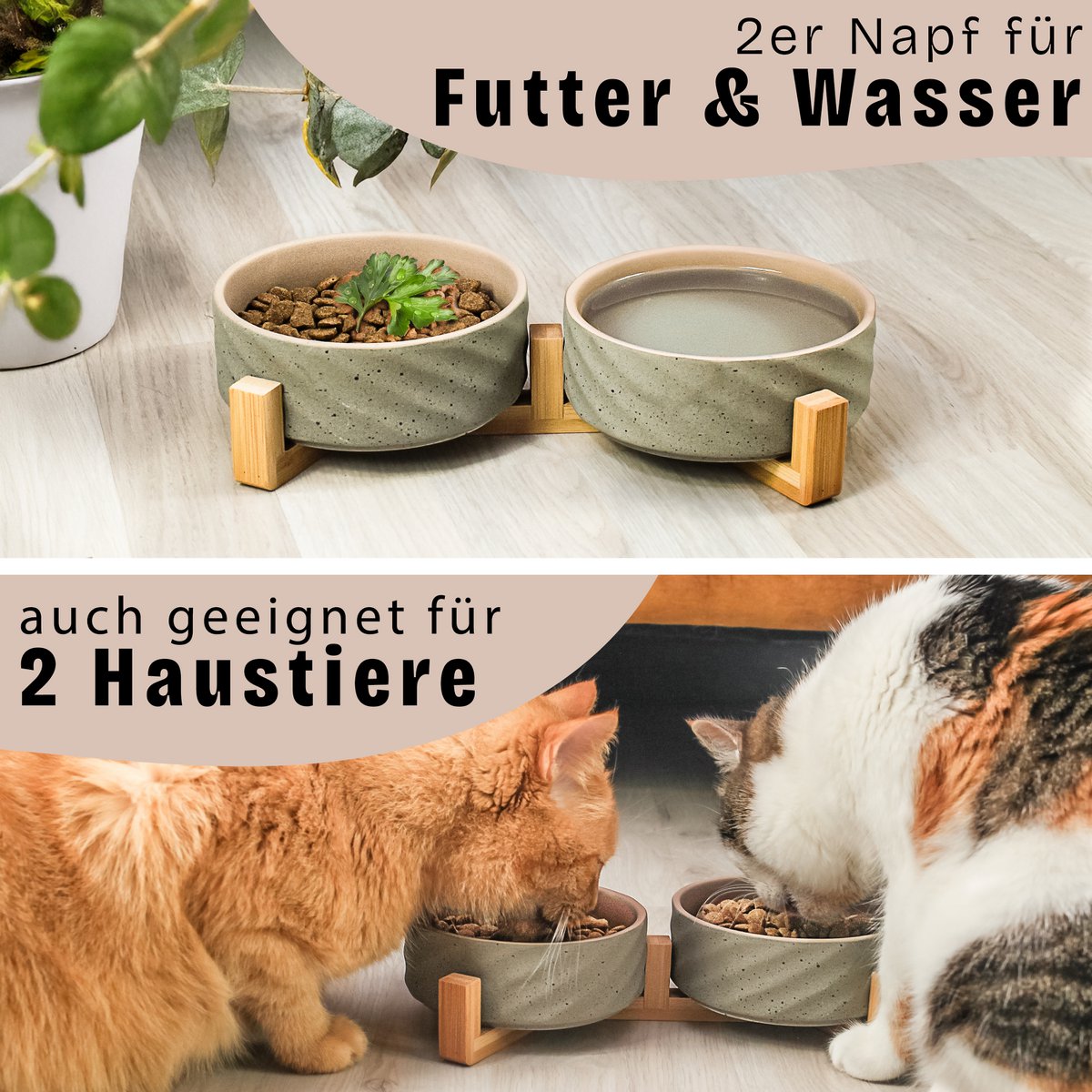 Duo de gamelles en céramique & bambou – Chat & petit chien