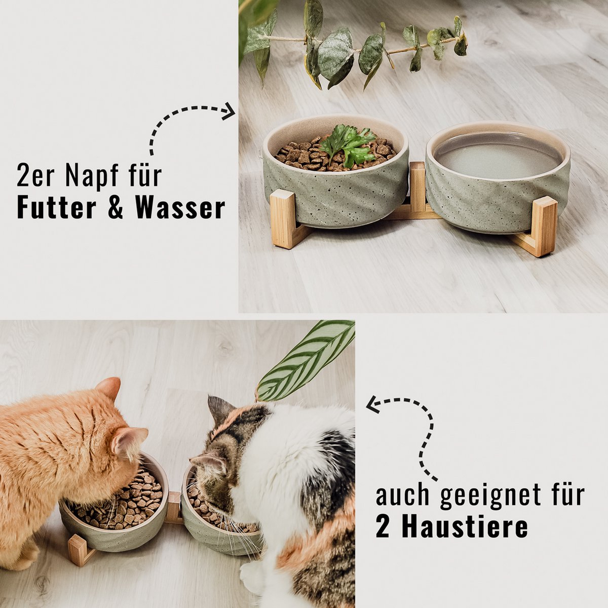 Duo de gamelles en céramique & bambou – Chat & petit chien