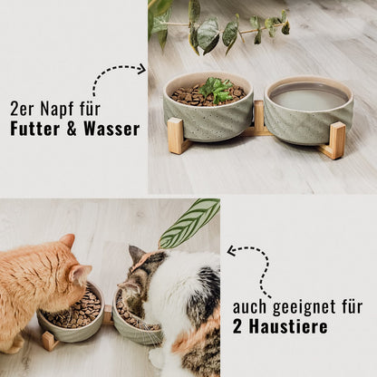 Duo de gamelles en céramique & bambou – Chat & petit chien