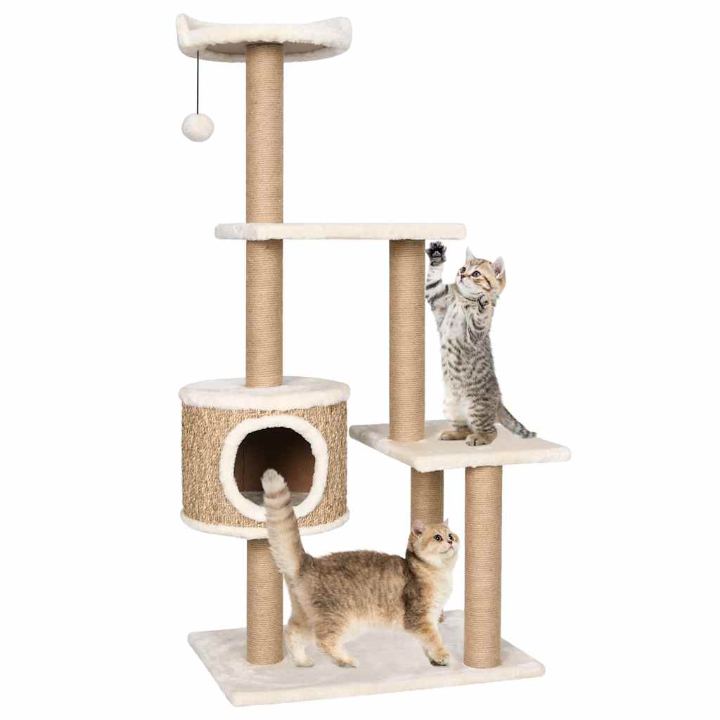 Arbre à chat 123 cm en jonc de mer naturel avec deux chats