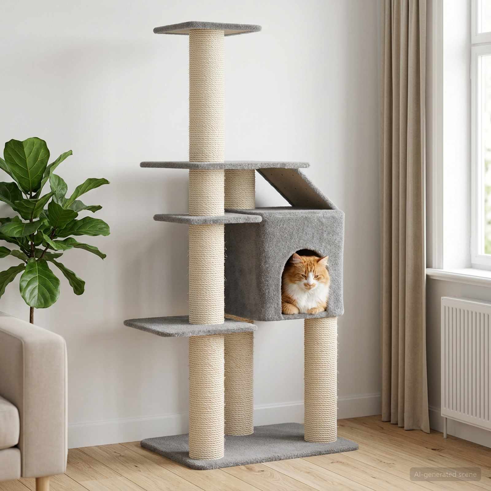 Arbre à chat 183 cm en sisal gris clair avec chat roux dans sa niche, salon lumineux