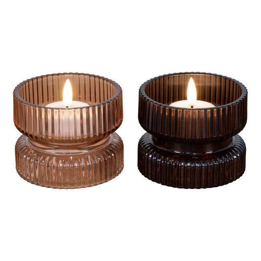 Lot de 2 Bougeoirs Réversibles en Verre Ambre & Marron — Ø9 cm