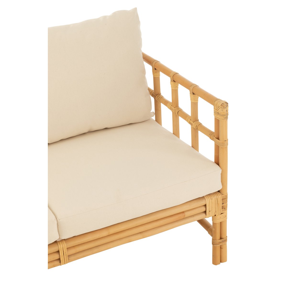 Détail assise canapé Elise rotin – coussin épais écru
