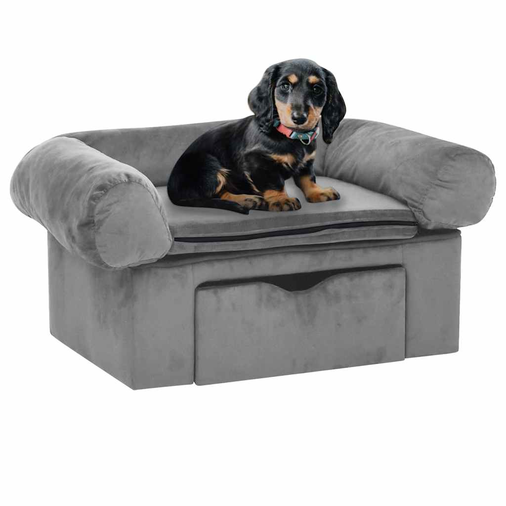Canapé pour chien gris avec tiroir et teckel allongé dessus