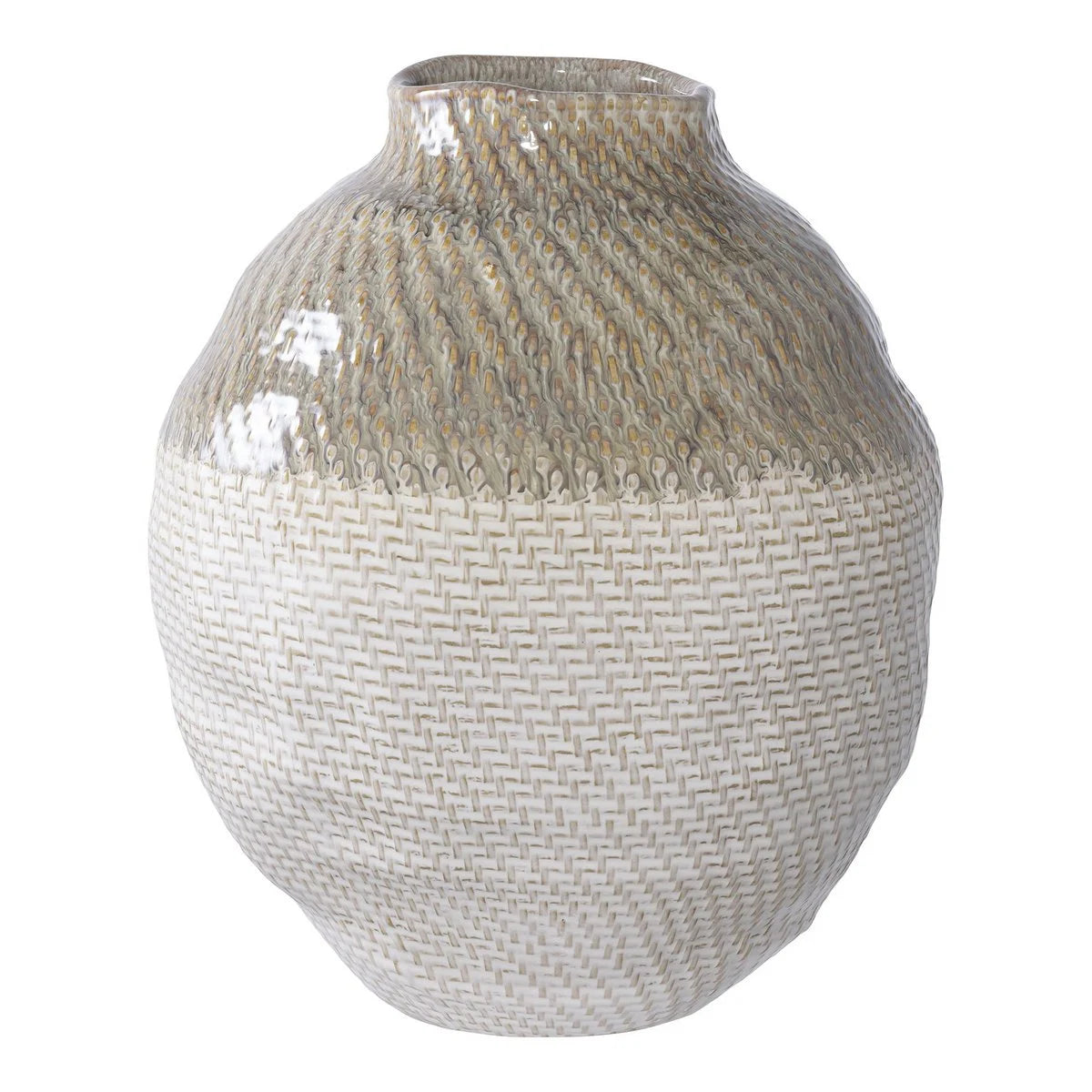 Grand Vase Texturé en Céramique Blanc & Vert — Ø26 x H30,5 cm