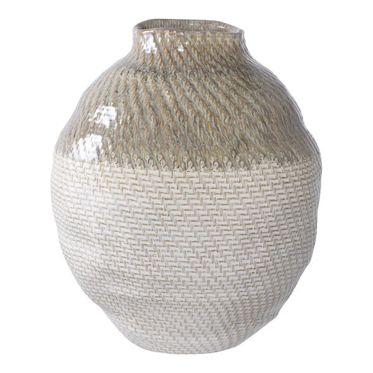 Grand Vase Texturé en Céramique Blanc & Vert — Ø26 x H30,5 cm