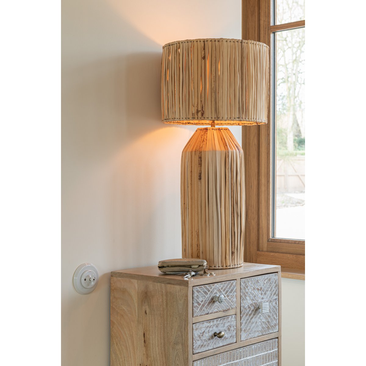 Lampe Hanna en Feuilles de Bananier Naturel — Grande Lampe Bohème Chic 87 cm