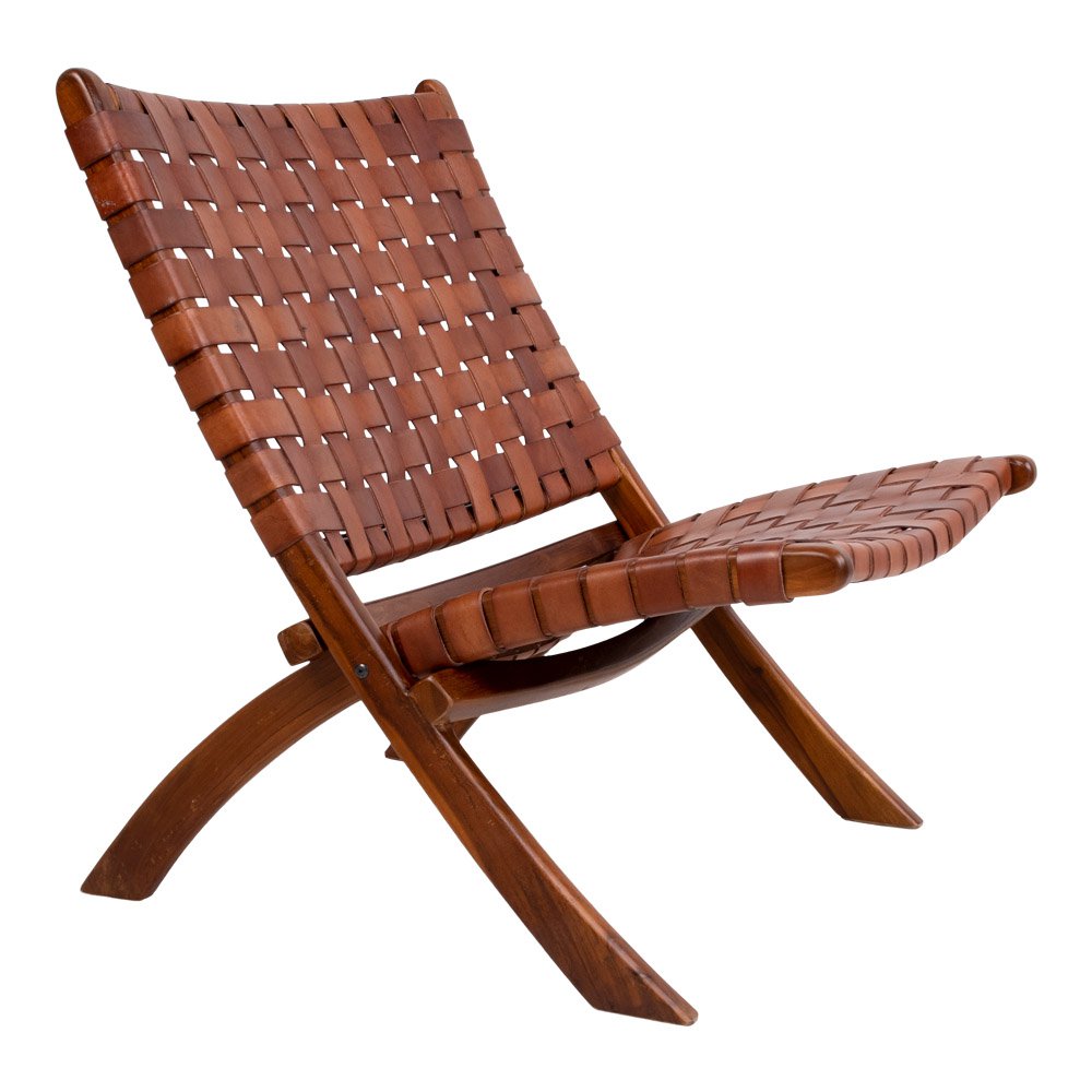 Fauteuil Perugia en teck et cuir tressé – vue latérale fond blanc