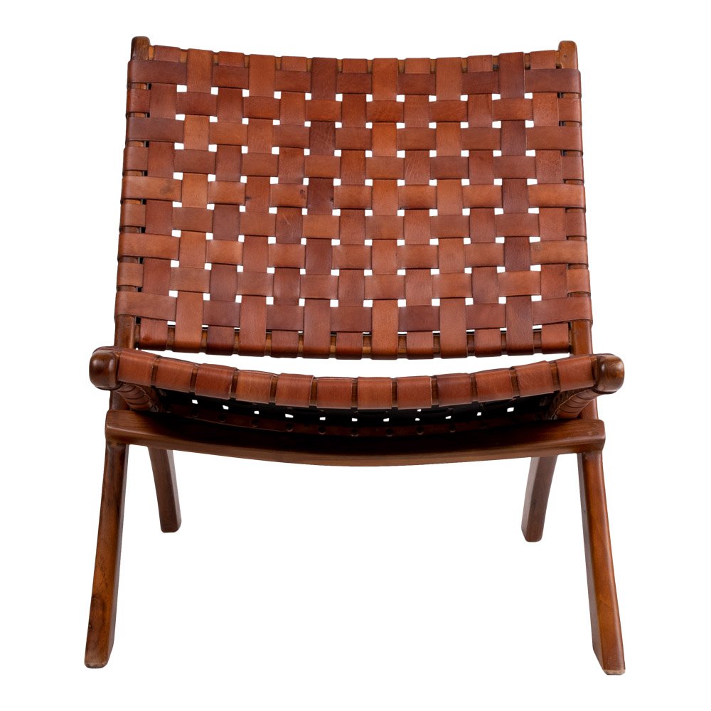 Fauteuil Perugia en teck et cuir tressé – vue de face fond blanc