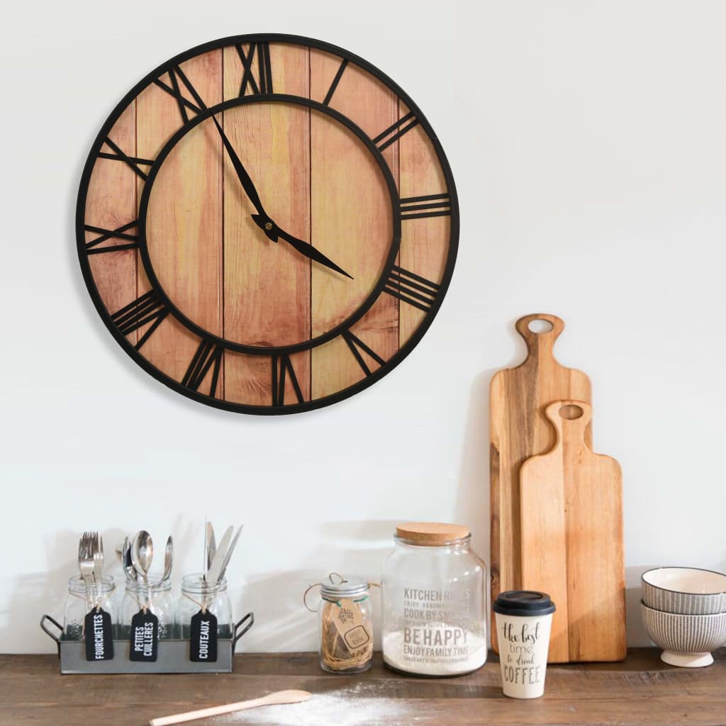 Horloge murale vintage 39 cm bois et métal marron noir - vue produit