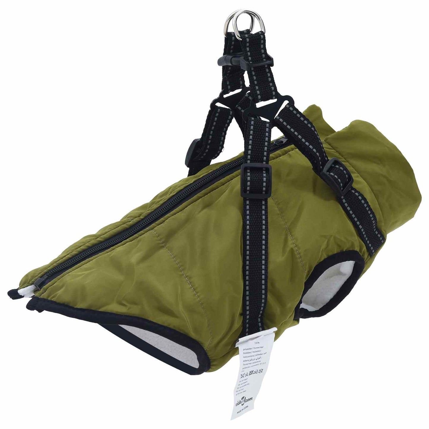 Manteau pour chien vert armée L40 avec harnais intégré et bandes réfléchissantes