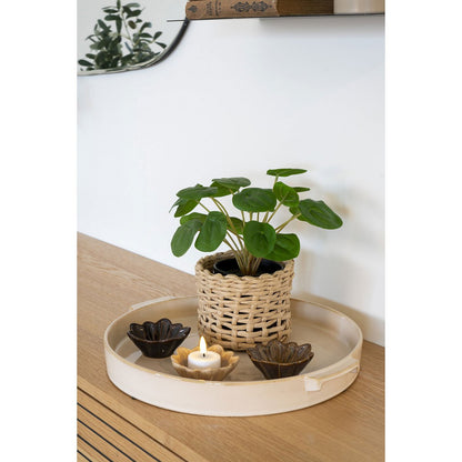 Pélia artificielle dans un cache-pot en rotin sur un plateau décoratif