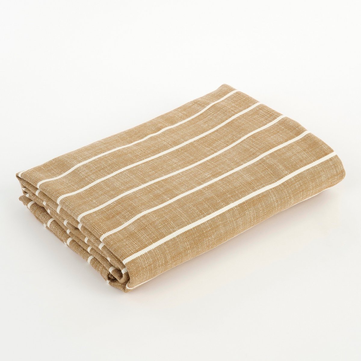 Nappe Alivo Marron en coton à rayures écrues – pliée fond blanc