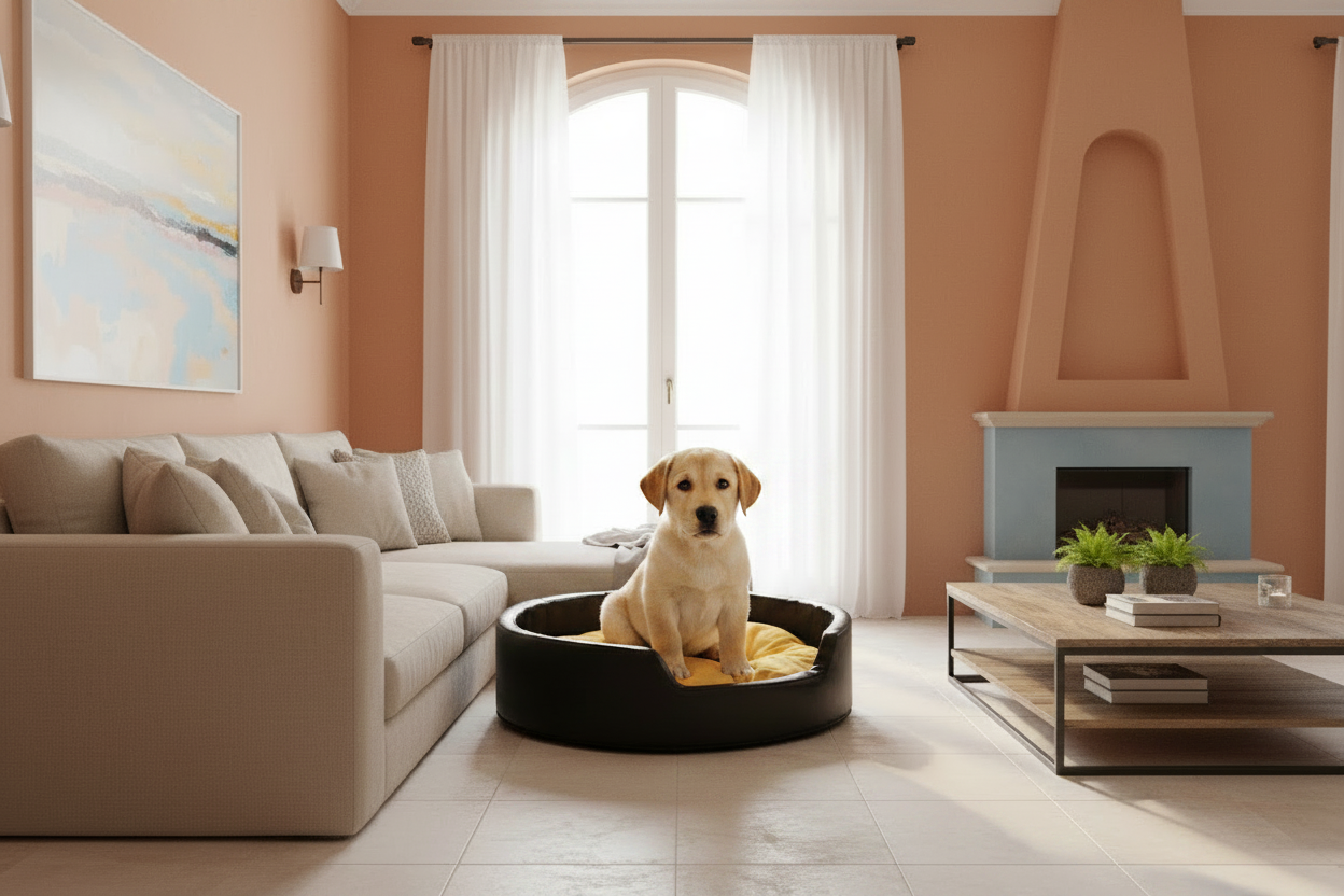 Chiot labrador dans panier noir et jaune