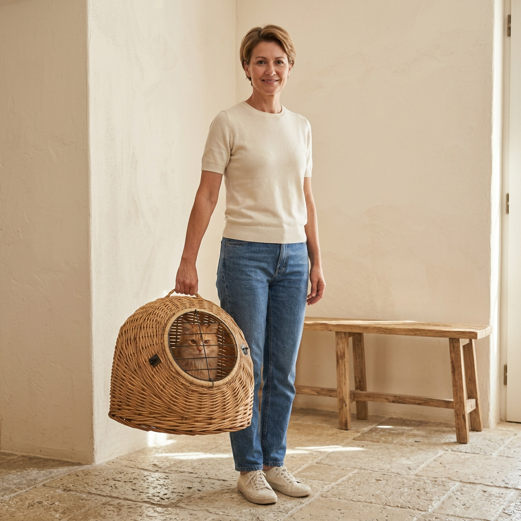 Femme en jean visible de la tête aux pieds portant le panier