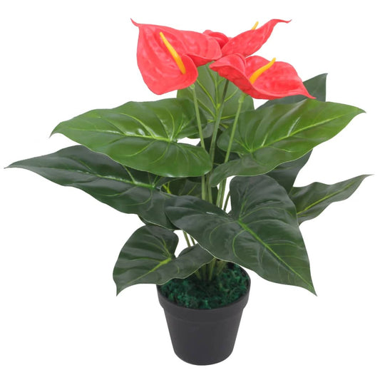 Anthurium artificiel 45 cm fleurs rouge et jaune en pot noir – fond blanc