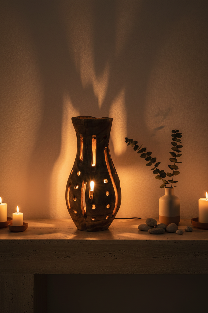 Lampe Elisabeth bois sculpté — ambiance console travertin jeu d’ombres dorées atmosphère boutique-hôtel ARCANCE