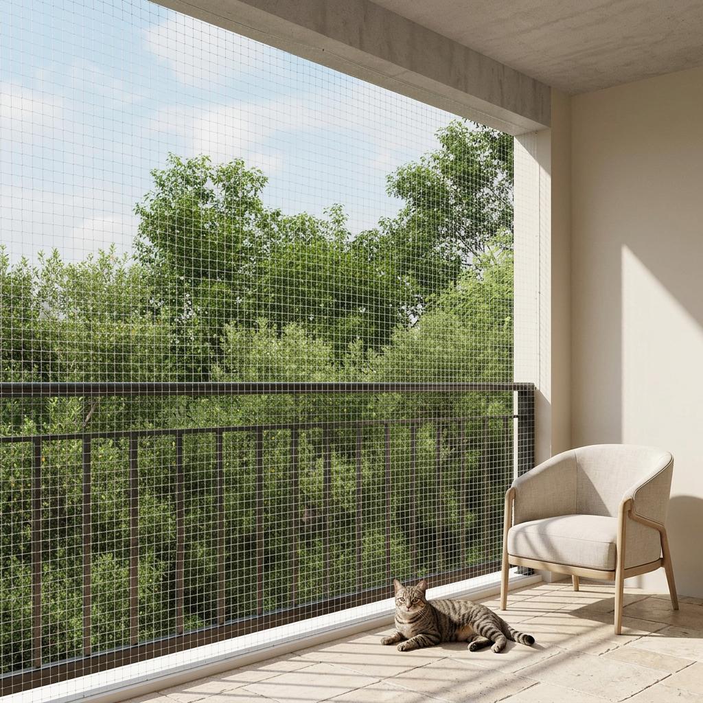 Filet transparent pour chat dans une loggia lumineuse