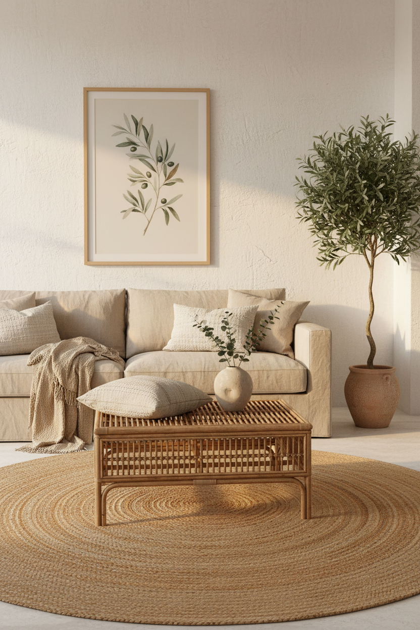 Tapis rond jute tressé 180 cm — ambiance salon méditerranéen olivier tableau ARCANCE