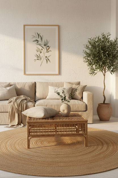 Tapis rond jute tressé 180 cm — ambiance salon méditerranéen olivier tableau ARCANCE