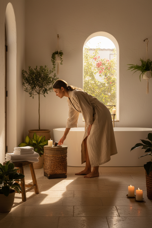 Panier en rotin tressé brun dans une salle de bain méditerranéenne