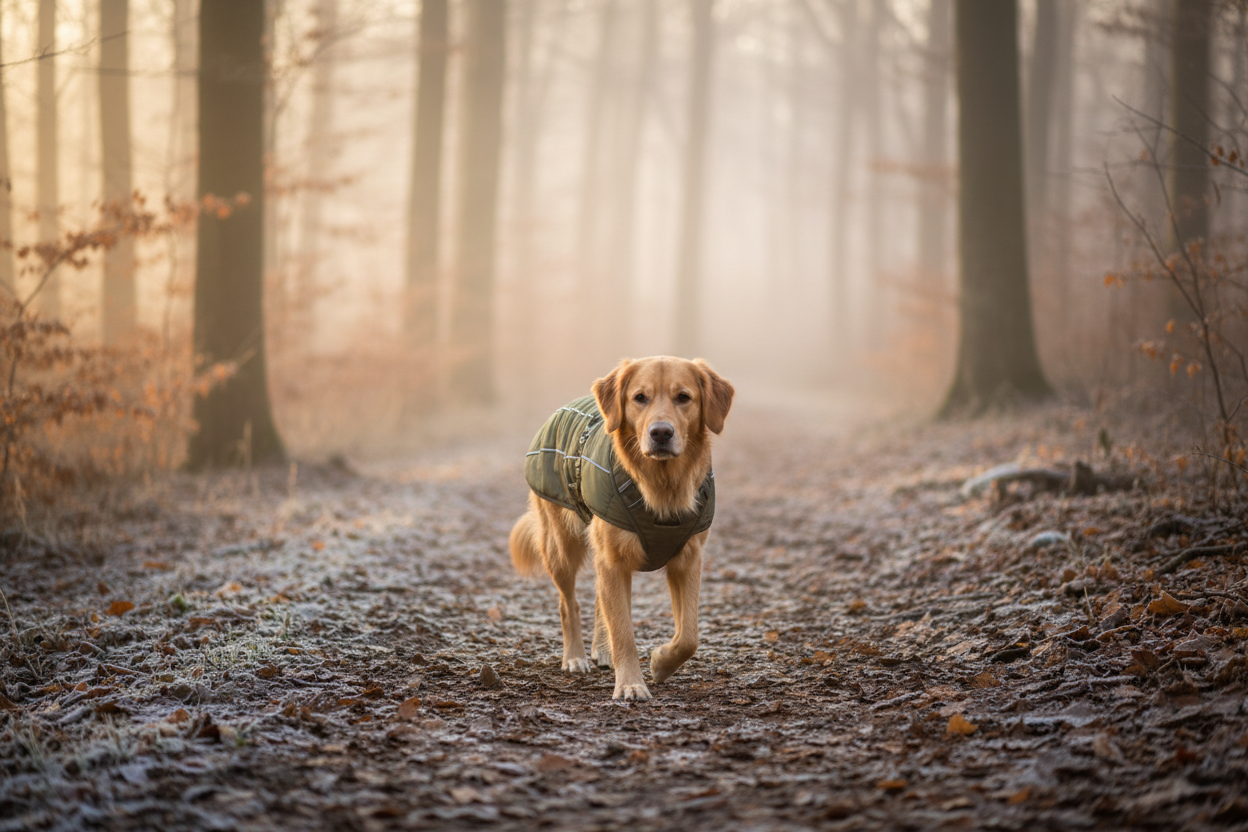 Chien en manteau vert armée lors d’une promenade en forêt en hiver