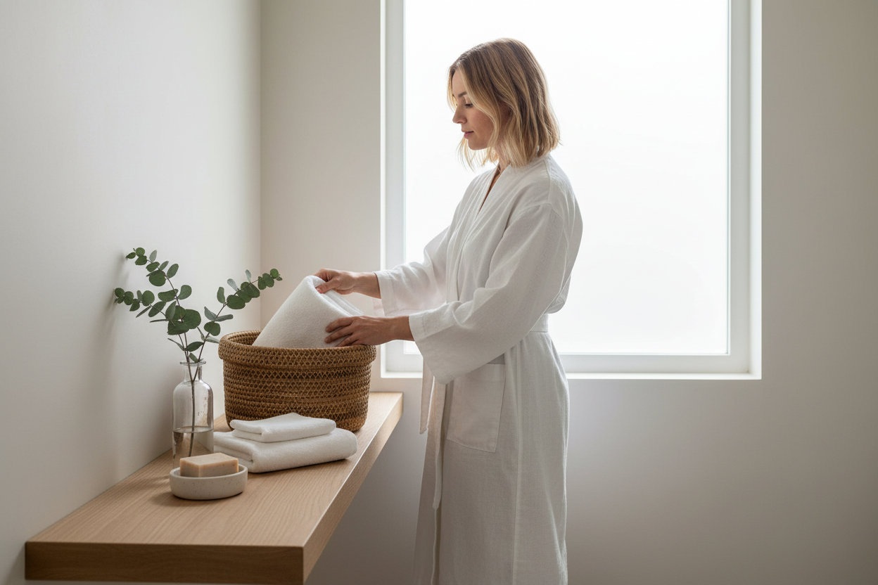 Panier DESIO dans une salle de bain spa avec une femme en peignoir blanc
