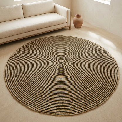 Mise en scène du tapis rond en jute naturel et noir de 180 cm dans un salon méditerranéen.