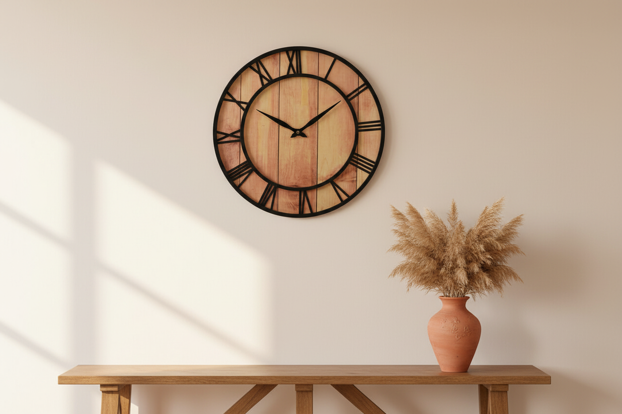 Horloge murale vintage bois métal - ambiance salon méditerranéen
