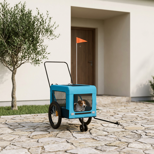 Remorque bleu et noir pour animaux sur une terrasse claire