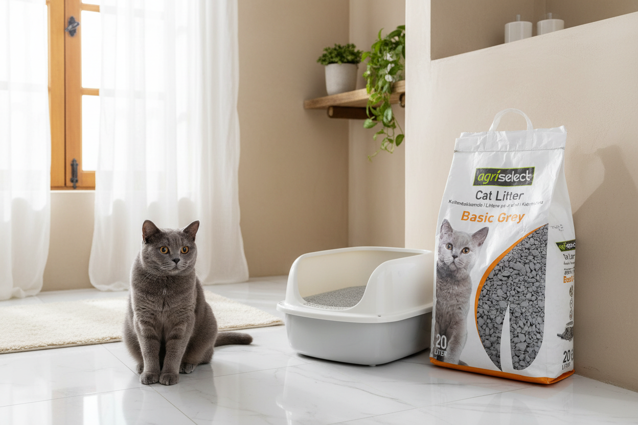Chat gris à côté de son bac à litière dans une salle de bain élégante