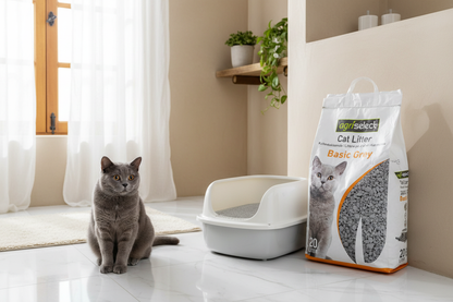 Chat gris à côté de son bac à litière dans une salle de bain élégante