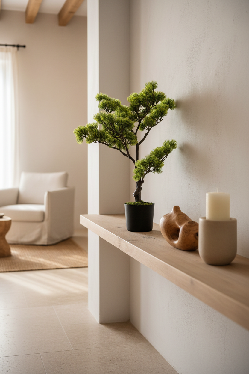Bonsaï artificiel Pinus 60 cm — ambiance lifestyle console bois naturel ARCANCE