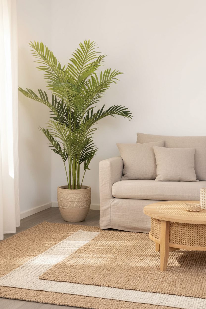 Palmier Areca artificiel 175 cm ambiance salon méditerranéen