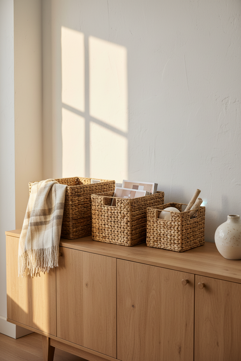 Paniers jacinthe d’eau lot de 3 — ambiance console bois plaid magazines ARCANCE