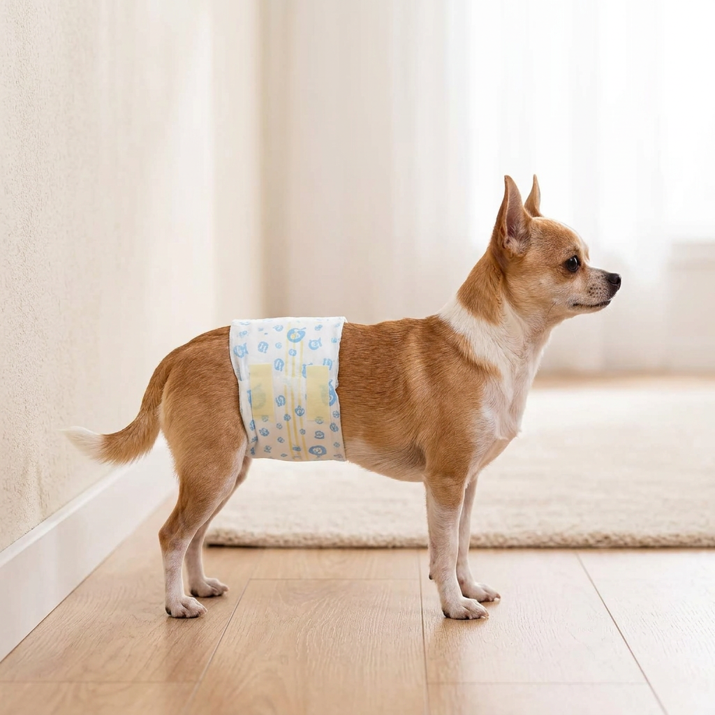 Petit chien portant une protection ventrale dans un intérieur lumineux