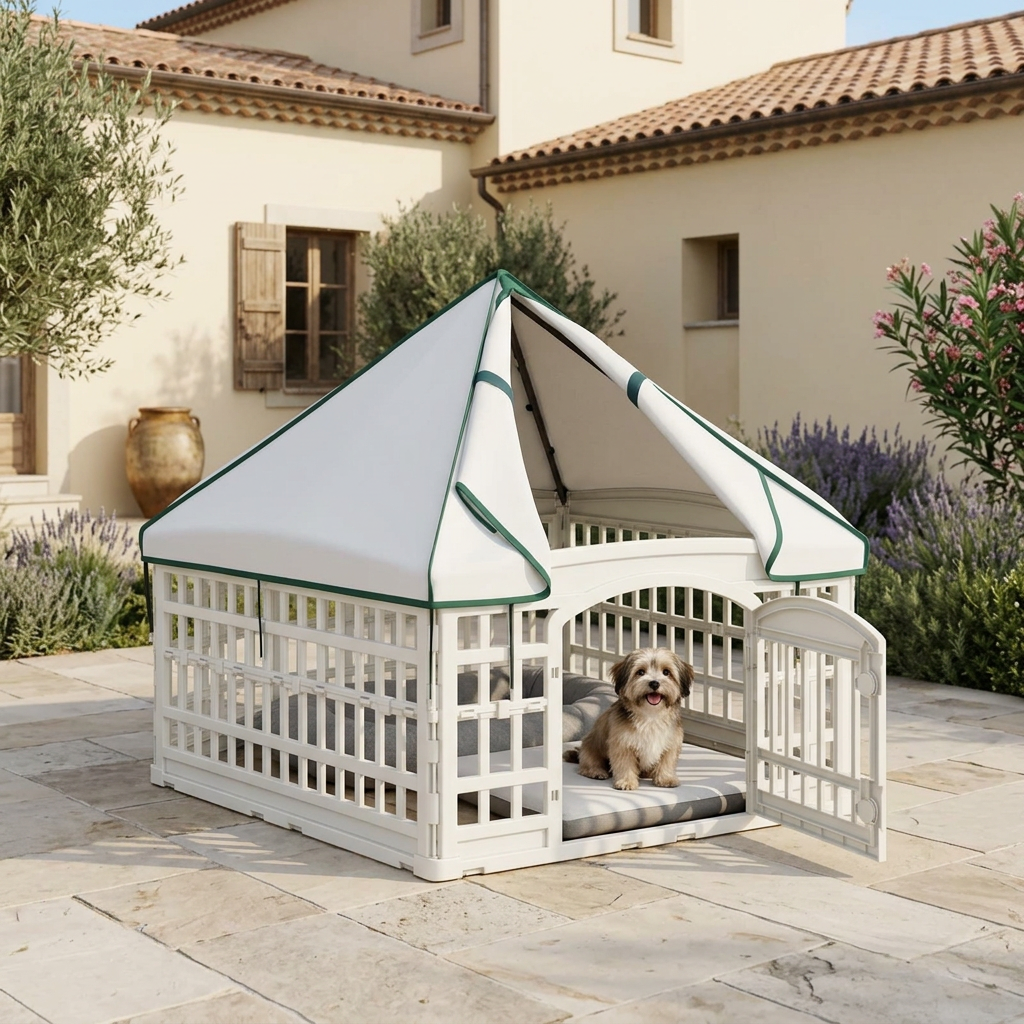 Parc blanc pour chien avec bâche de toit sur une terrasse