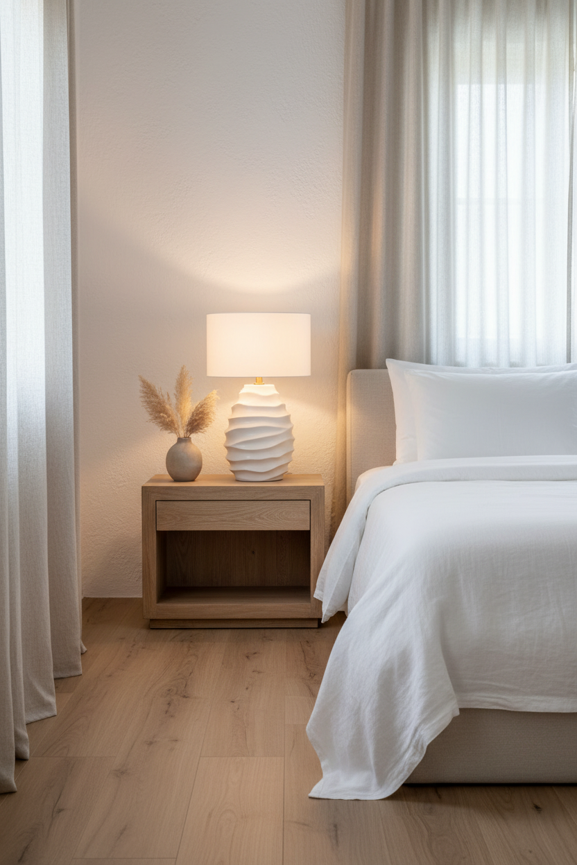 Lampe table sculptée céramique beige — ambiance chambre table de nuit bois lin blanc lumière dorée ARCANCE