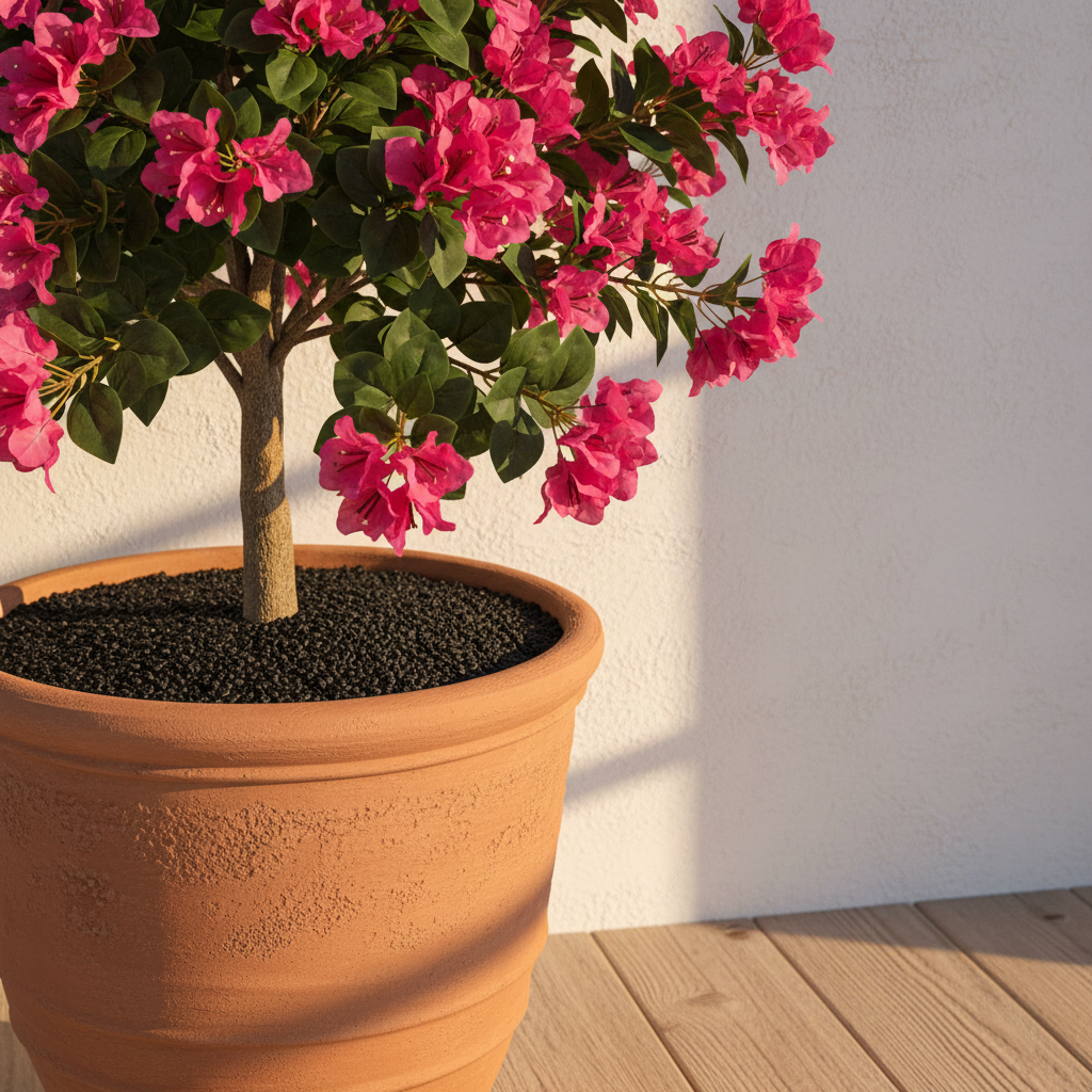 Granulés décoratifs noirs — ambiance lifestyle au pied d’un bougainvillier rose ARCANCE